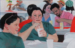 painting of group at church picnic, acrylic on paper