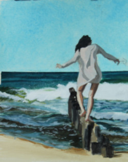 Acrylic painting on paper, women at seaside