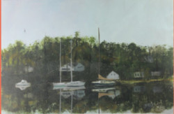 Painted river, bank , boats